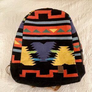 Anthropologie Serape Tribal Aztec Black Multicolor Boho Backpack Leather Trim